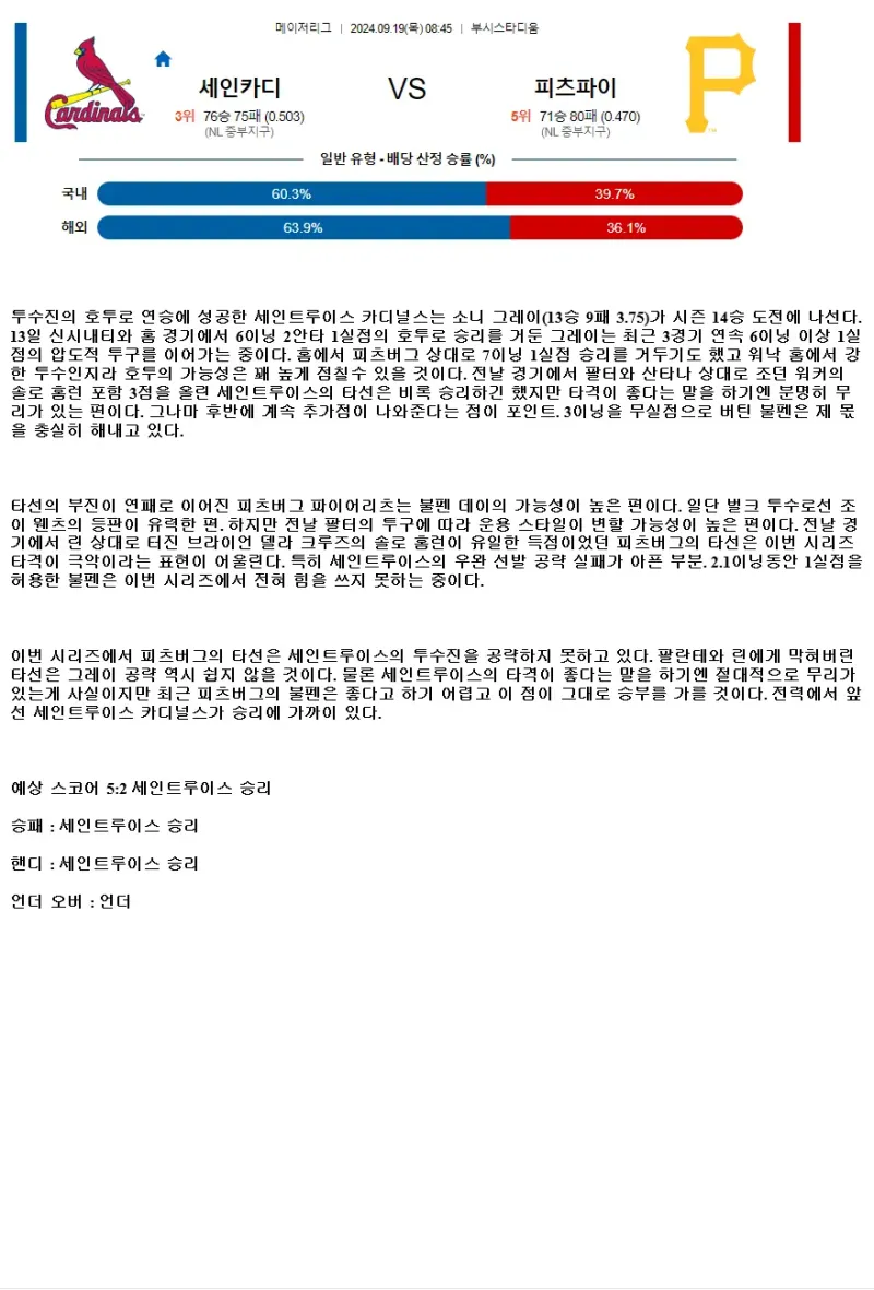 2024년9월19일 피츠버그 파이리츠 세인트루이스 카디널스 MLB 중계 및 분석 올스티비