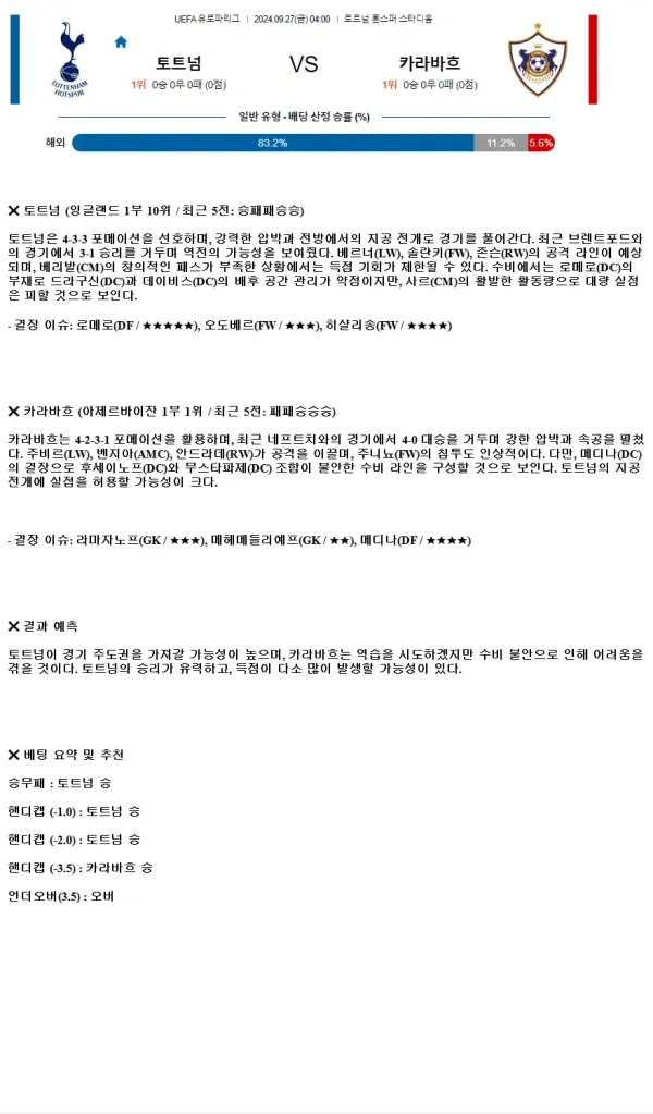 2024년9월27일 토트넘 홋스퍼 FC 카라바흐 FK 해외축구 중계 및 분석 올스티비