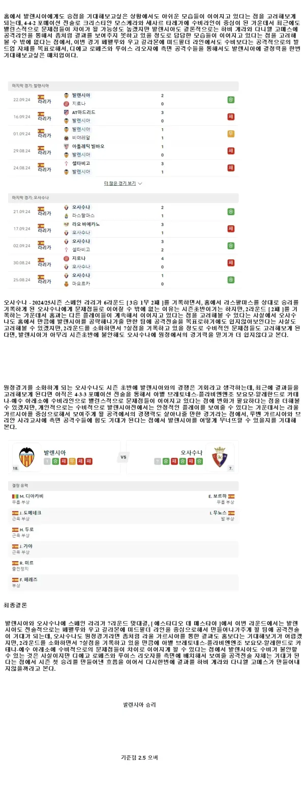 2024년9월25일 발렌시아 CF CA 오사수나 스포츠 중계 및 분석 올스티비