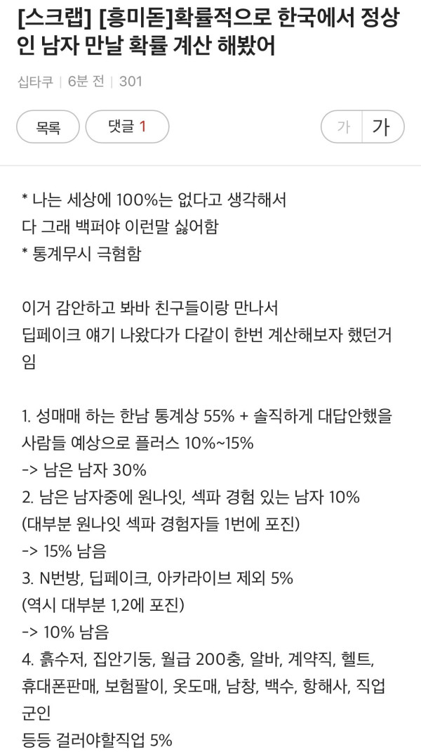 여시 회원이 계산한 정상인 남자 만날 확률