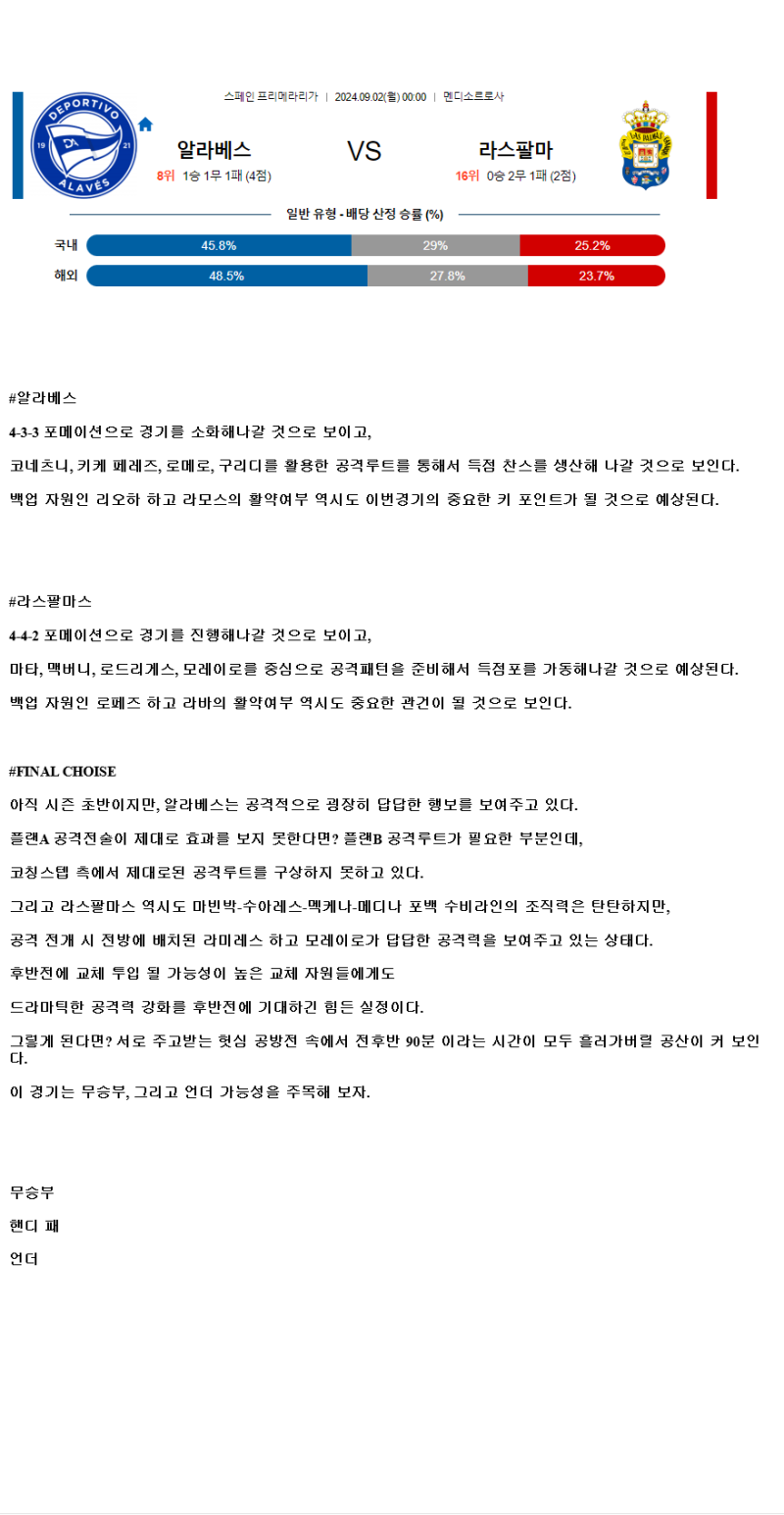 2024년9월2일 데포르티보 알라베스 UD 라스팔마스 스포츠 분석 및 중계 올스티비