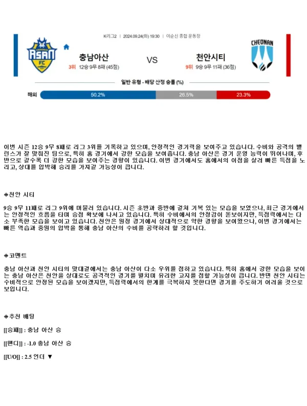 2024년9월24일 충남 아산 프로축구단 천안시티FC 해외스포츠 중계 및 분석 올스티비