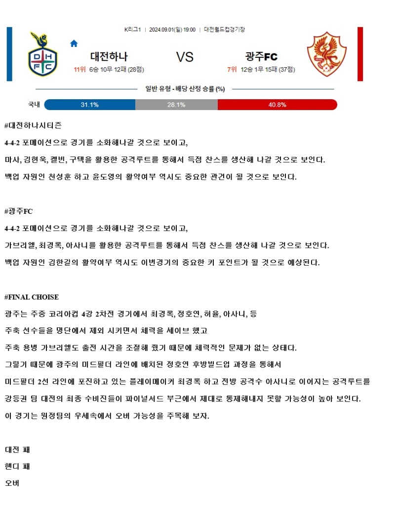 2024년9월1일 대전 하나 시티즌 광주FC 해외스포츠 분석 및 중계 올스티비