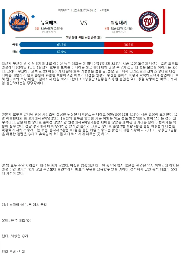 2024년9월17일 워싱턴 내셔널스 뉴욕 메츠 해외야구 분석 및 중계 올스티비