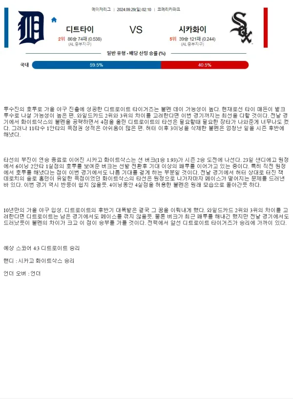 2024년9월29일 시카고 화이트삭스 디트로이트 타이거즈 미국야구 분석 및 중계 올스티비