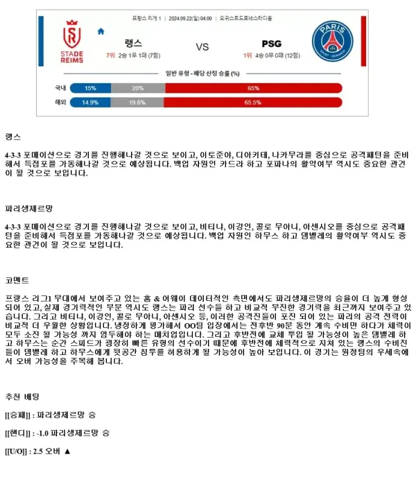 2024년9월22일 스타드 랭스 파리 생제르맹 FC 해외스포츠 중계 및 분석 올스티비