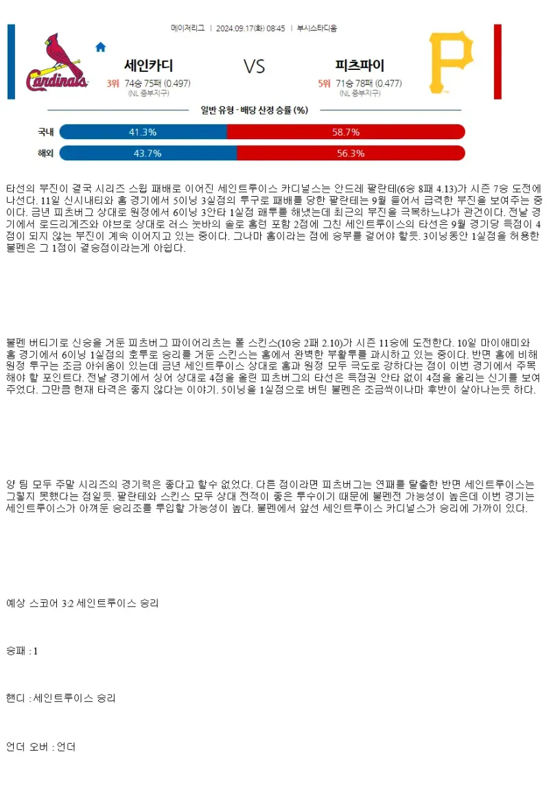 2024년9월17일 피츠버그 파이리츠 세인트루이스 카디널스 미국야구 중계 및 분석 올스티비