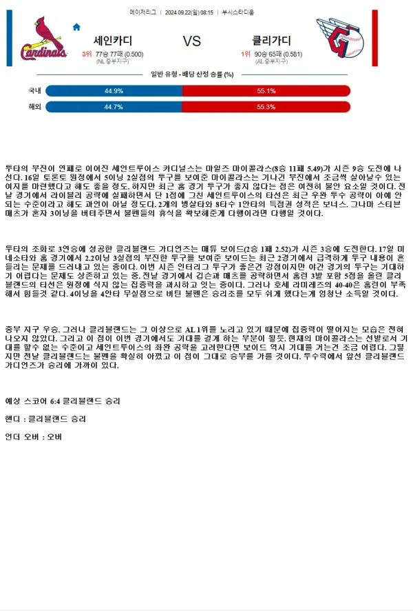 2024년9월22일 클리블랜드 가디언스 세인트루이스 카디널스 해외야구 분석 및 중계 올스티비