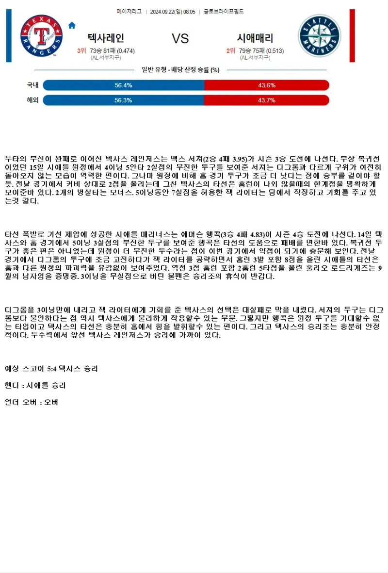 2024년9월22일 시애틀 매리너스 텍사스 레인저스 해외야구 중계 및 분석 올스티비