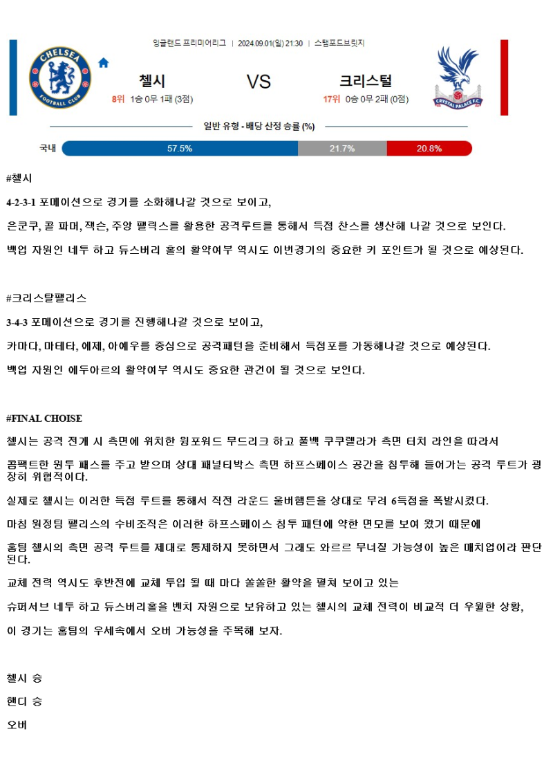 2024년9월1일 첼시 FC 크리스탈 팰리스 FC 스포츠 분석 및 중계 올스티비