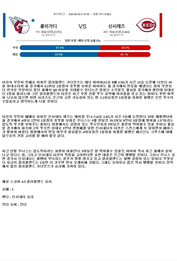 2024년9월25일 신시내티 레즈 클리블랜드 가디언스 미국야구 중계 및 분석 올스티비