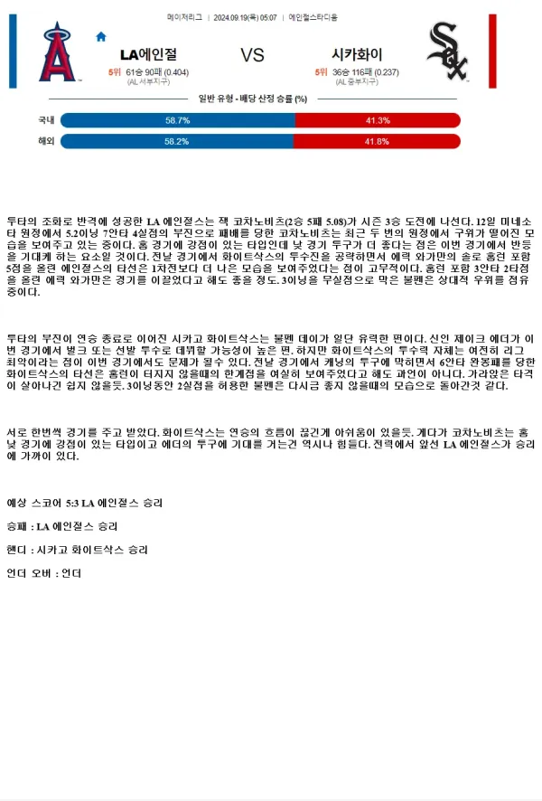 2024년9월19일 시카고 화이트삭스 LA 에인절스 미국야구 중계 및 분석 올스티비