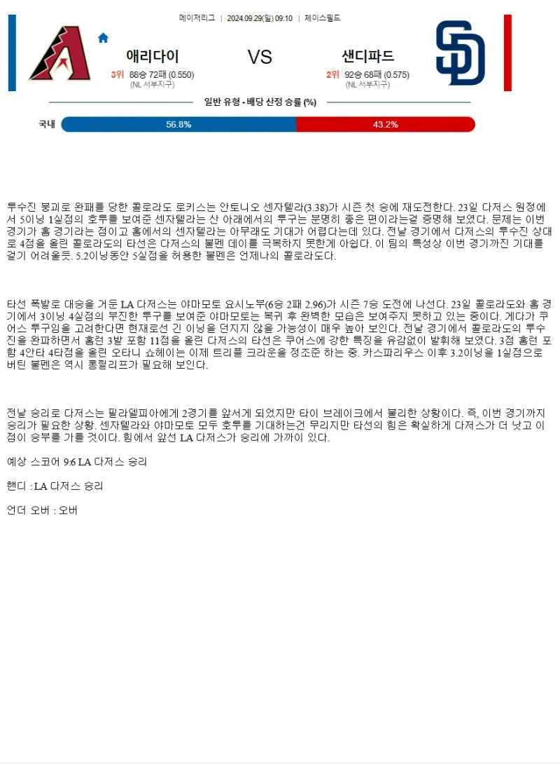 2024년9월29일 LA 다저스 콜로라도 로키스 MLB 분석 및 중계 올스티비