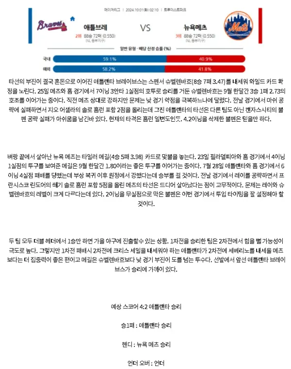 2024년10월1일 뉴욕 메츠 애틀랜타 브레이브스 MLB 분석 및 중계 올스티비