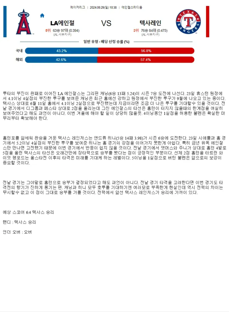 2024년9월29일 텍사스 레인저스 LA 에인절스 MLB 중계 및 분석 올스티비