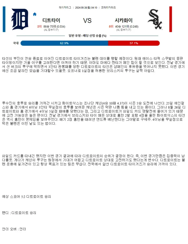 2024년9월30일 시카고 화이트삭스 디트로이트 타이거즈 미국야구 분석 및 중계 올스티비