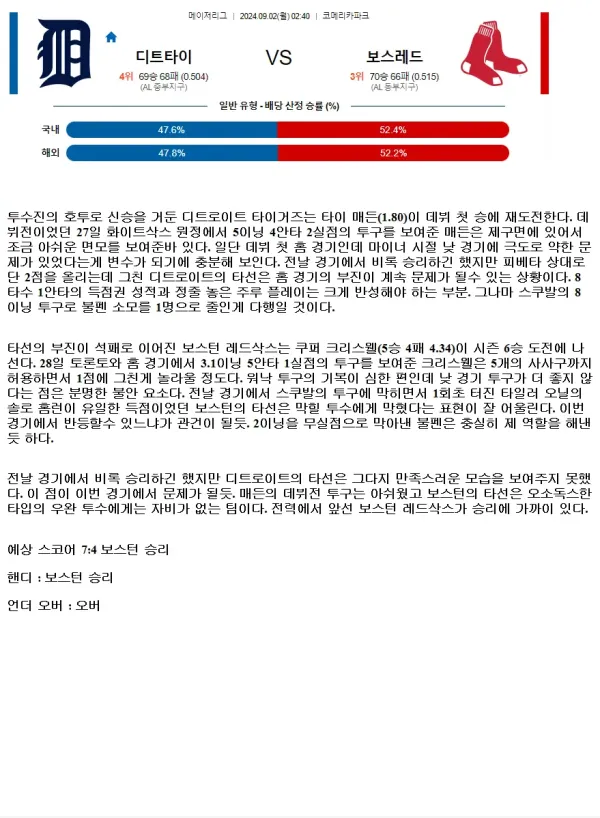 2024년9월2일 보스턴 레드삭스 디트로이트 타이거즈 해외야구 분석 및 중계 올스티비