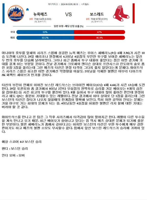 2024년9월3일 보스턴 레드삭스 뉴욕 메츠 MLB 분석 및 중계 올스티비