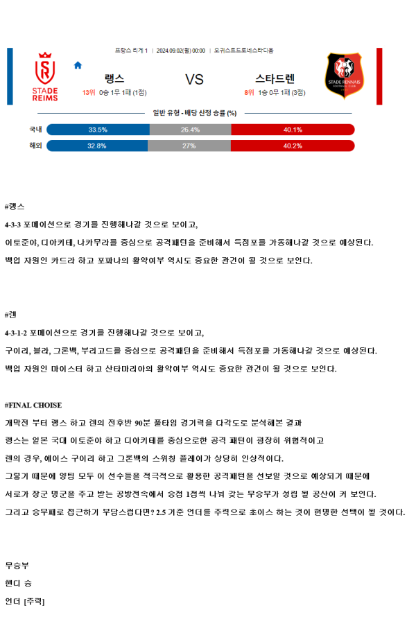 2024년9월2일 스타드 랭스 스타드 렌 FC 해외축구 분석 및 중계 올스티비