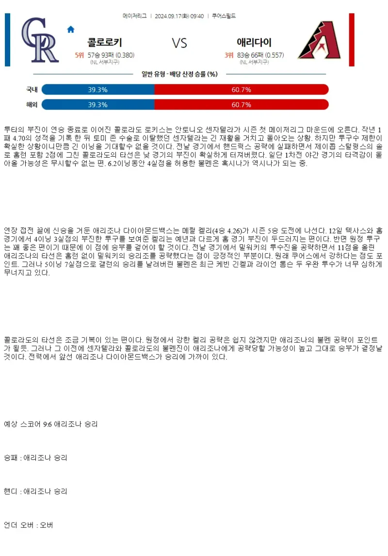 2024년9월17일 애리조나 다이아몬드백스 콜로라도 로키스 MLB 분석 및 중계 올스티비