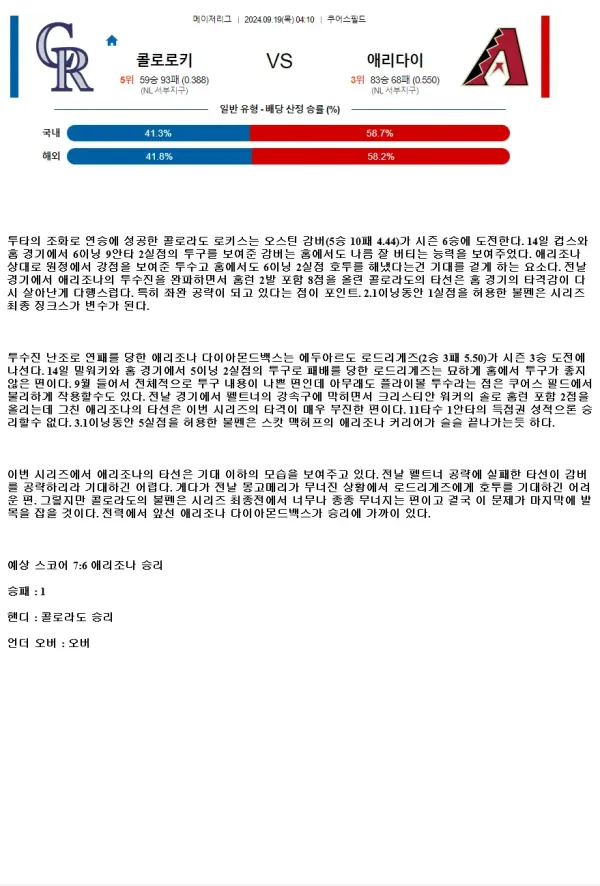 2024년9월19일 애리조나 다이아몬드백스 콜로라도 로키스 MLB 분석 및 중계 올스티비