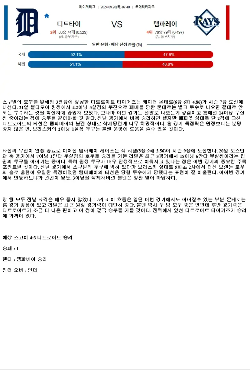 2024년9월26일 탬파베이 레이스 디트로이트 타이거즈 MLB 중계 및 분석 올스티비