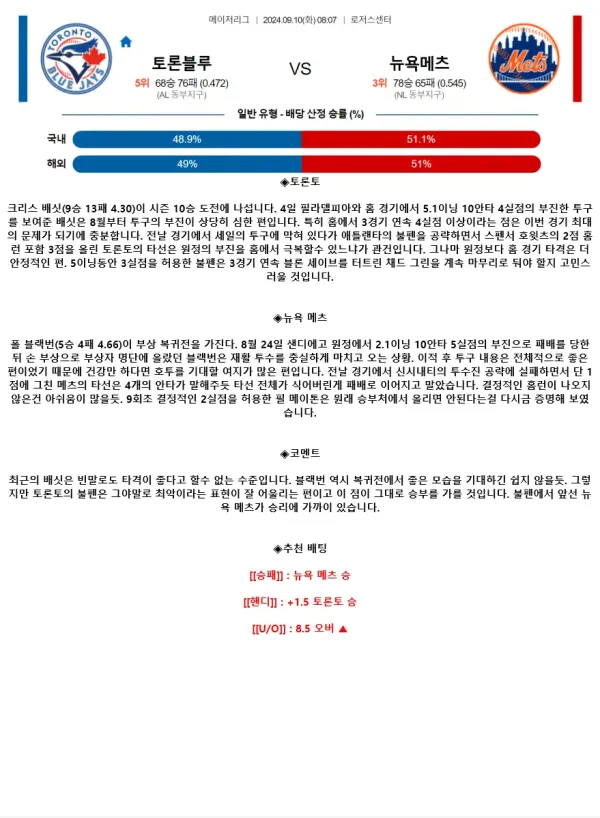 2024년9월10일 뉴욕 메츠 토론토 블루제이스 해외야구 분석 및 중계 올스티비