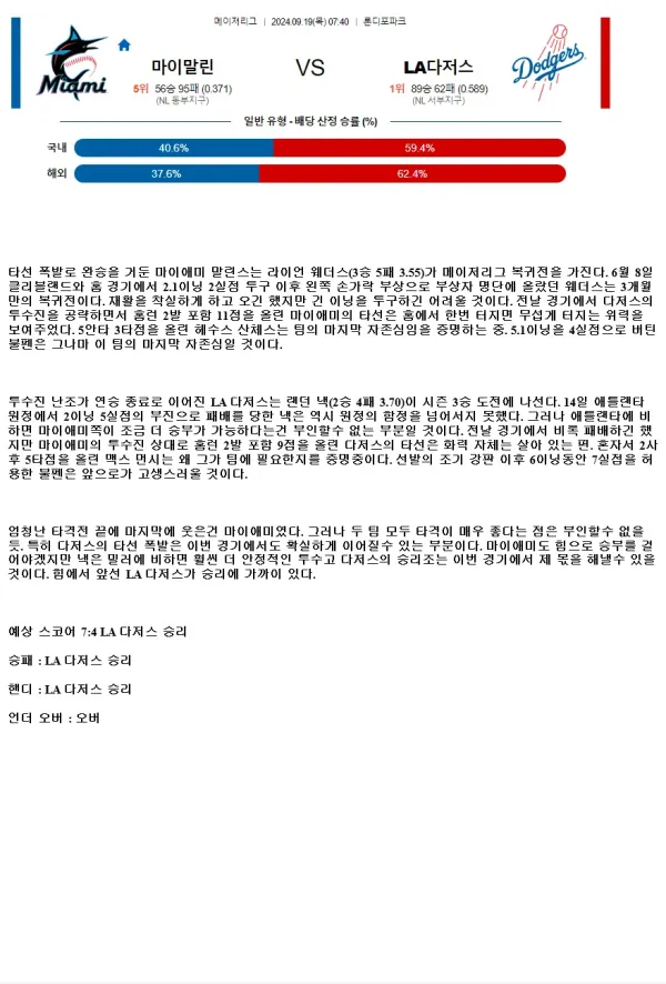 2024년9월19일 LA 다저스 마이애미 말린스 해외야구 중계 및 분석 올스티비