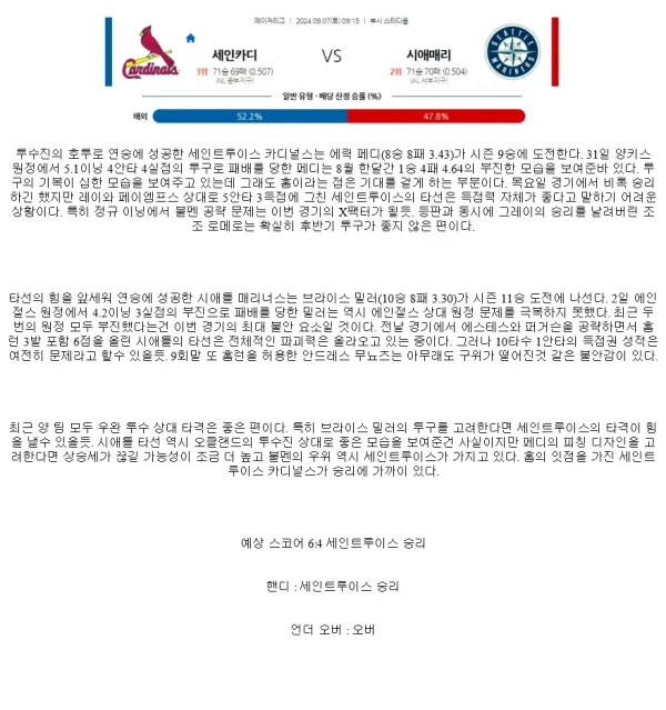 2024년9월7일 시애틀 매리너스 세인트루이스 카디널스 MLB 분석 및 중계 올스티비