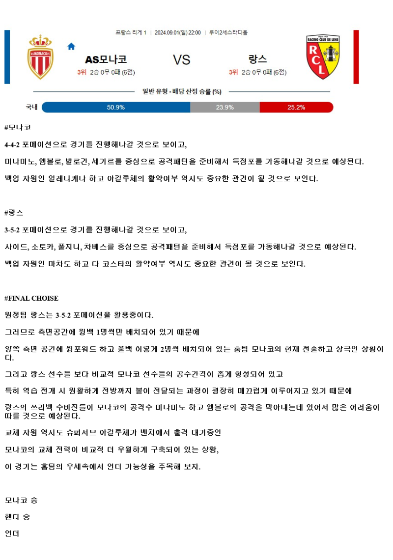 2024년9월1일 AS 모나코 FC RC 랑스 스포츠 분석 및 중계 올스티비