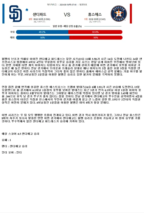 2024년9월19일 휴스턴 애스트로스 샌디에이고 파드리스 MLB 분석 및 중계 올스티비