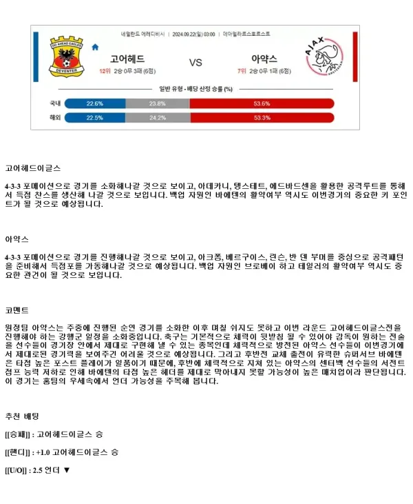 2024년9월22일 고 어헤드 이글스 AFC 아약스 해외스포츠 중계 및 분석 올스티비