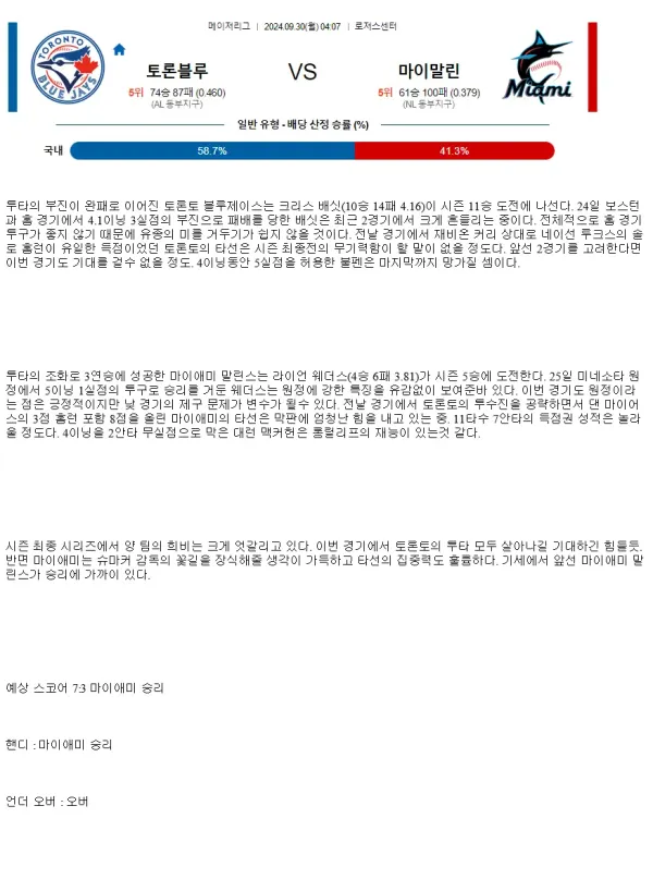 2024년9월30일 마이애미 말린스 토론토 블루제이스 MLB 분석 및 중계 올스티비