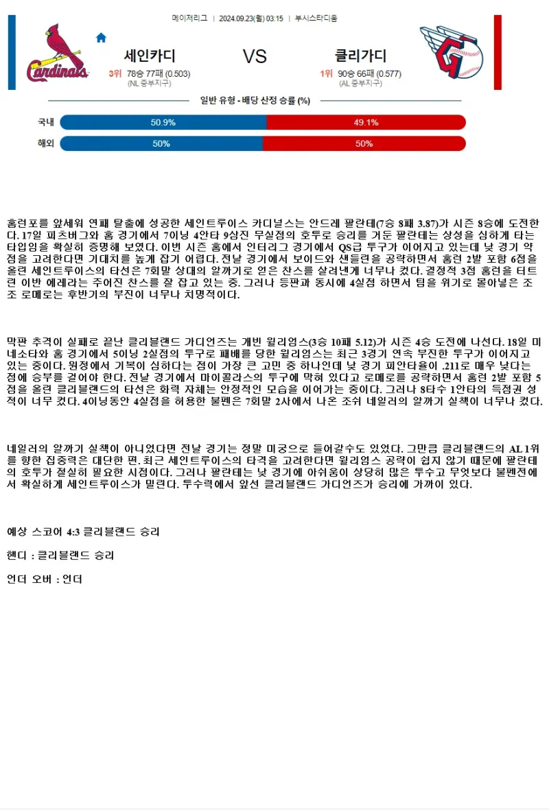 2024년9월23일 클리블랜드 가디언스 세인트루이스 카디널스 해외야구 분석 및 중계 올스티비