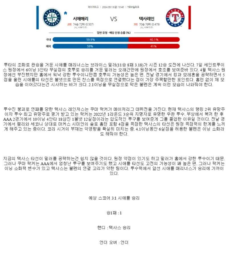 2024년9월13일 텍사스 레인저스 시애틀 매리너스 해외야구 분석 및 중계 올스티비