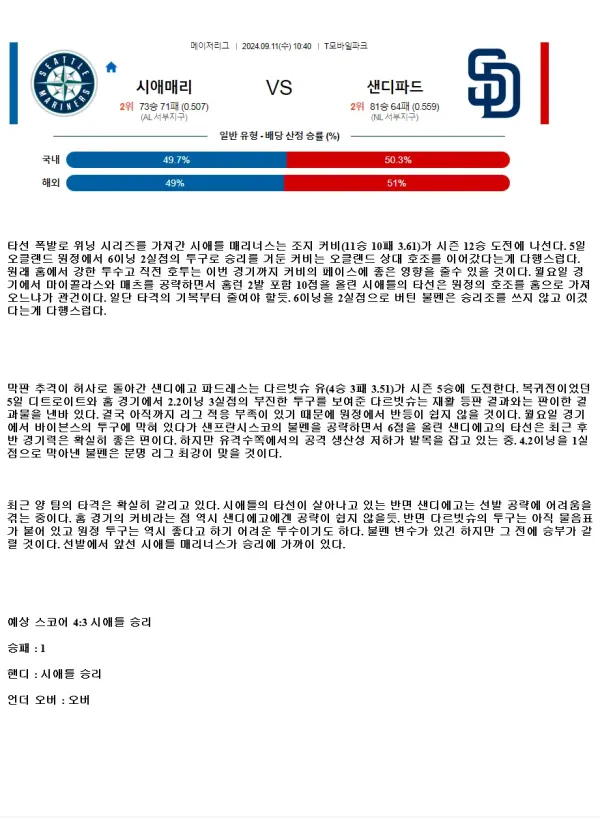 2024년9월11일 샌디에이고 파드리스 시애틀 매리너스 MLB 분석 및 중계 올스티비