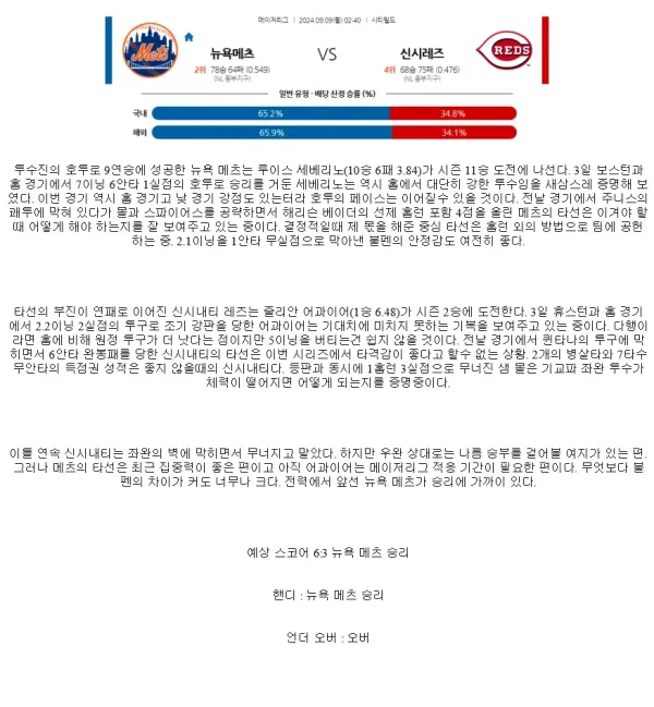 2024년9월9일 신시내티 레즈 뉴욕 메츠 MLB 분석 및 중계 올스티비