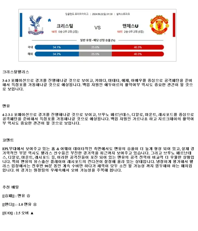 2024년9월22일 크리스탈 팰리스 FC 맨체스터 유나이티드 FC 해외축구 중계 및 분석 올스티비