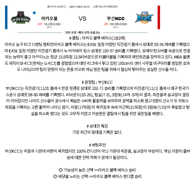 2024년11월6일 마카오 블랙 베어스 부산 KCC 이지스 KBL 올스티비