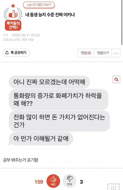 내 동생 능지 수준 어떡하냐