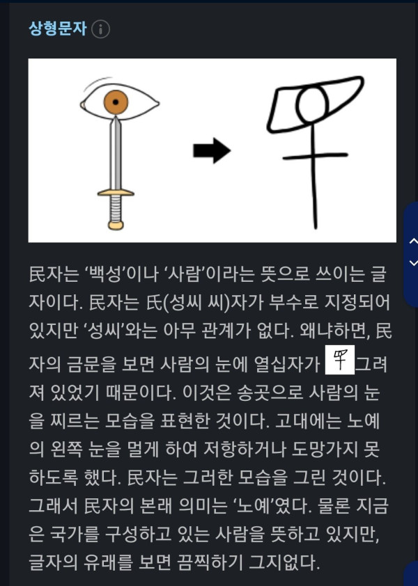 한문 백성 민 자의 유래 무습다