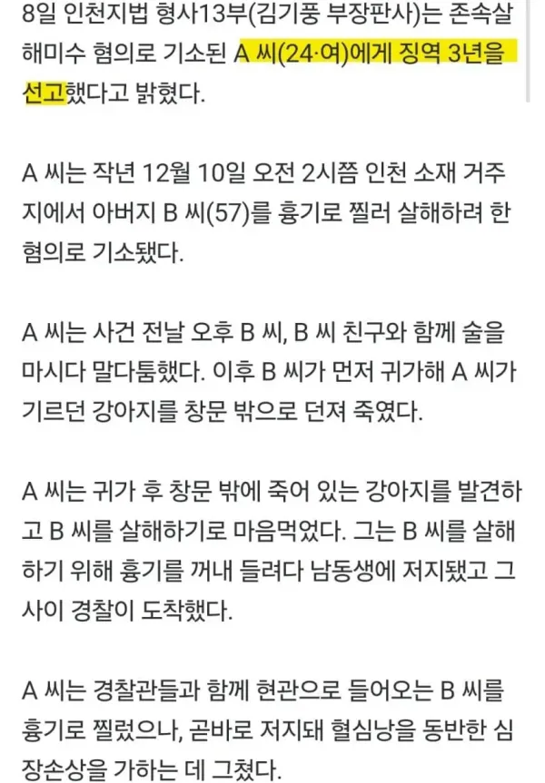강아지 던져 죽인 父 살해하려 한 20대 딸 실형