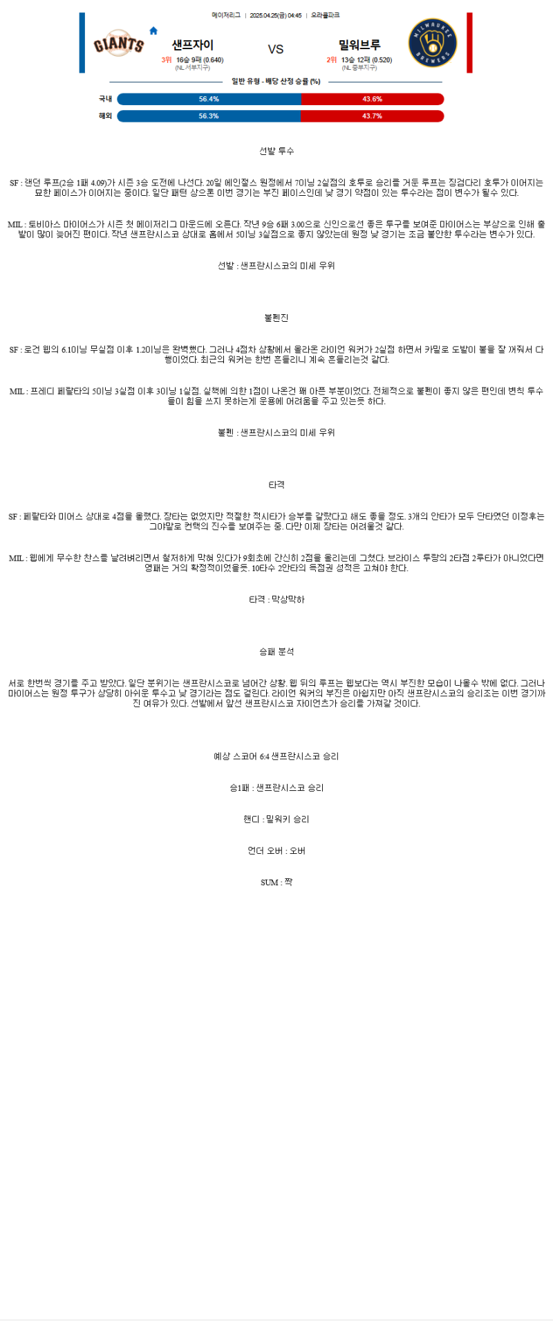 2025년 04월 25일 샌프란시스코 밀워키 MLB 분석 및 중계 올스티비