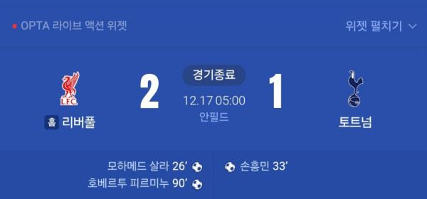 최근 5년간 토트넘vs 리버풀 리그경기 결과 내용 ㄷㄷㄷ