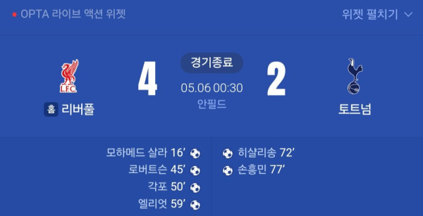 최근 5년간 토트넘vs 리버풀 리그경기 결과 내용 ㄷㄷㄷ