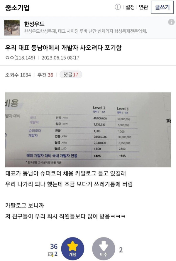 우리 대표 동남아에서 개발자 사오려다 포기함