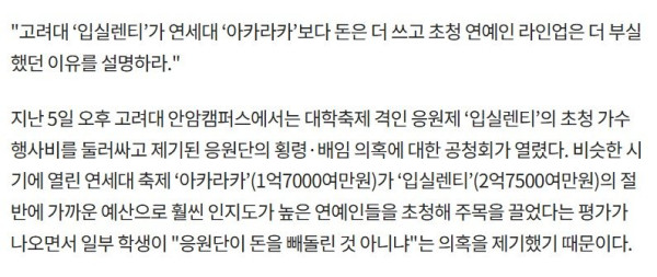 2019년에 축제 라인업 때문에 공청회까지 열렸던 고려대 입실렌티