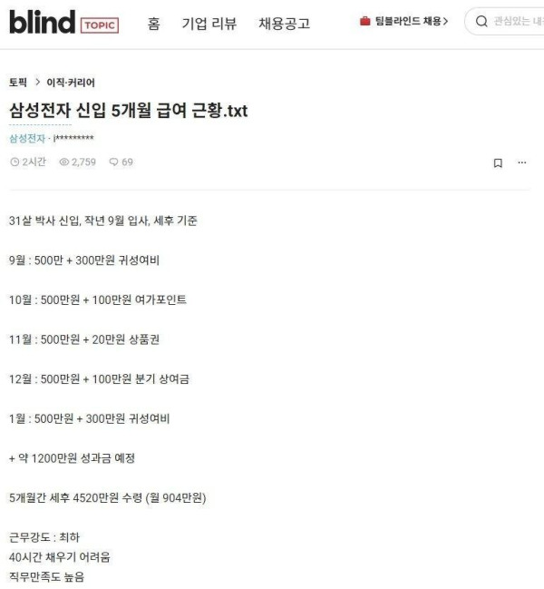 삼성 신입 5개월차 급여