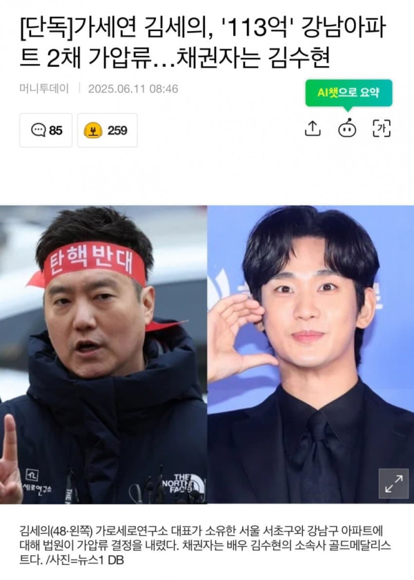 가세연 김세의, 113억 강남아파트 2채 가압류 채권자는 김수현