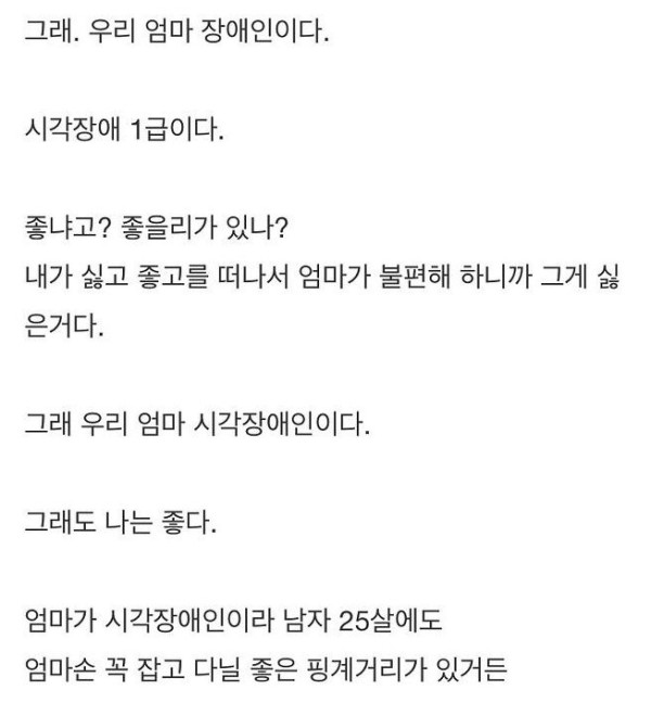엄마가 시각장애인이라 좋다는 아들